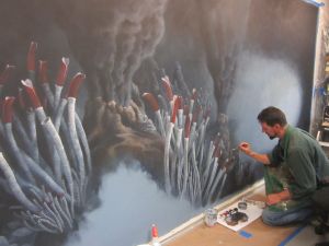 _Display Background  Bruce Museum Exhibition Preparator Sean Murtha painting  hydrothermal vent display background.  Photo by Sean Murtha  
