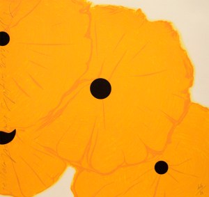 Donald Sultan, Yellow Poppies September 12, 2013, 2013, 8 color screen-print with flocking, courtesy Mary Ryan Gallery. Image courtesy of the artist and Mary Ryan Gallery, New York.