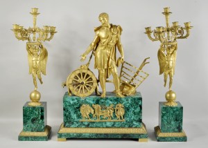 1214053 Malachite & Bronze Three Piece Clock Garniture